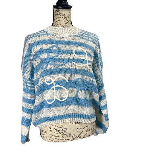 Vintage 1980s Blue & White Striped Handmade Knit Mockneck Sweater Oversized M/L - Picture 2 of 12